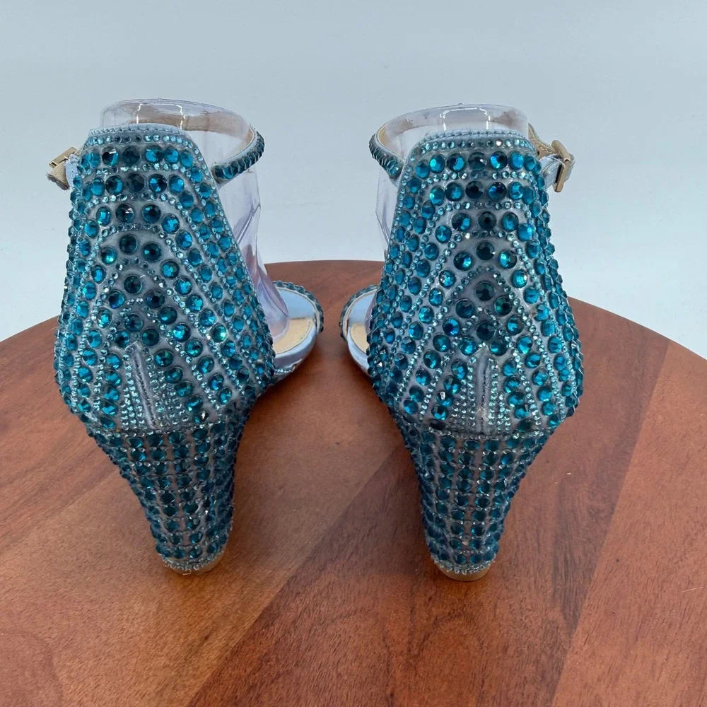 Betsey Johnson SB-DEBIE Wedge Sandals Womens Blue Rhinestone Crystal 9.5M